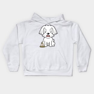 Funny white dog steps on a dirty diaper Kids Hoodie